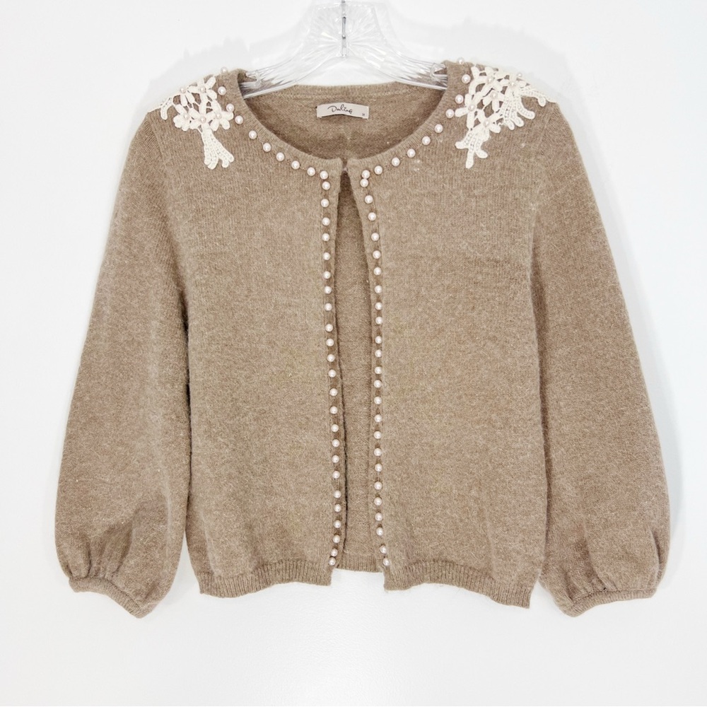 Darling Angora Blend Embroidered Pearl Embellished Cardigan Size Medium